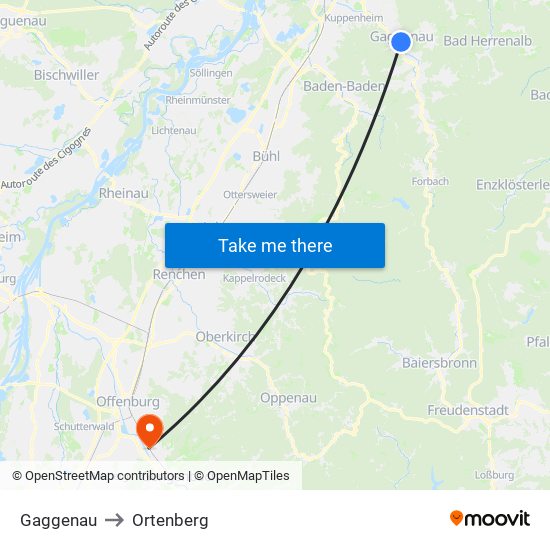Gaggenau to Ortenberg map