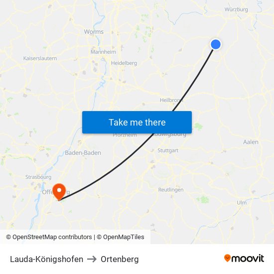 Lauda-Königshofen to Ortenberg map