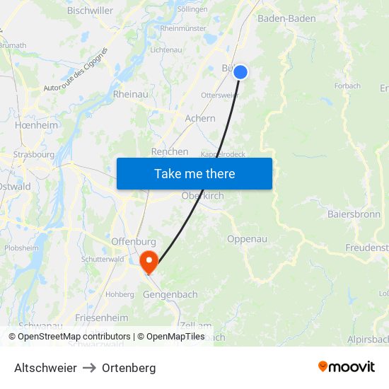 Altschweier to Ortenberg map