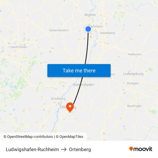 Ludwigshafen-Ruchheim to Ortenberg map