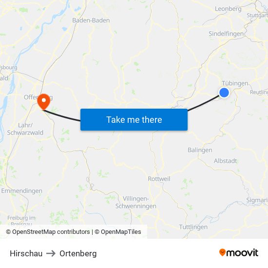 Hirschau to Ortenberg map