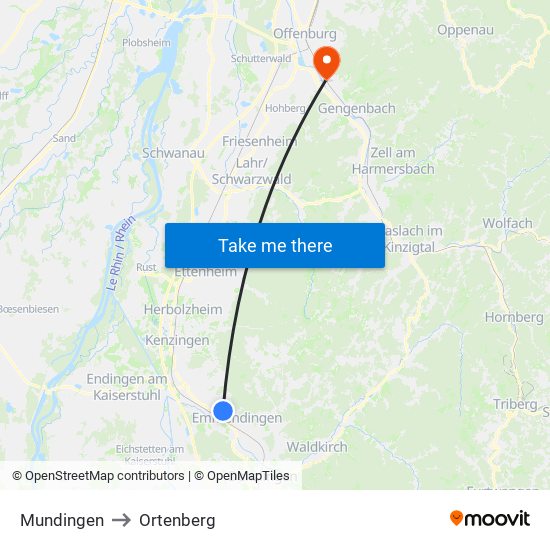 Mundingen to Ortenberg map