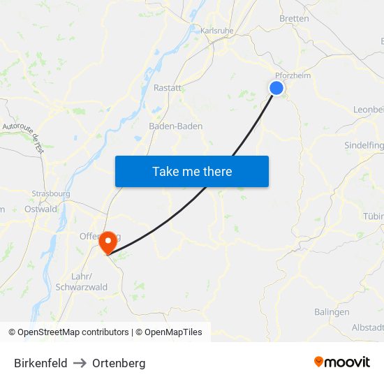 Birkenfeld to Ortenberg map