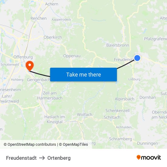 Freudenstadt to Ortenberg map