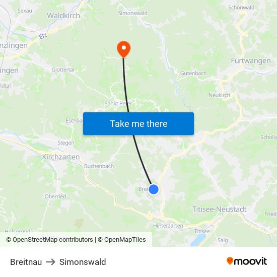 Breitnau to Simonswald map