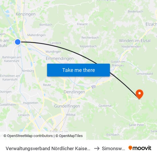 Verwaltungsverband Nördlicher Kaiserstuhl to Simonswald map