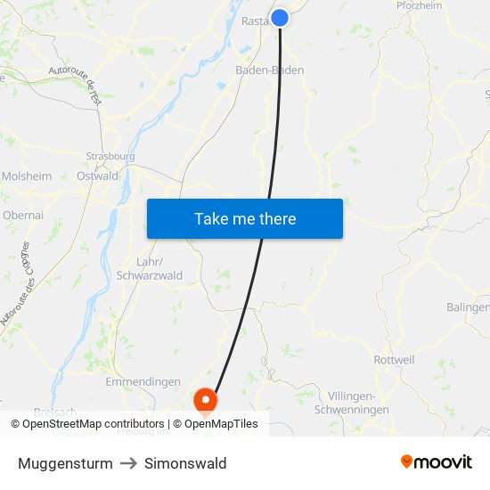 Muggensturm to Simonswald map