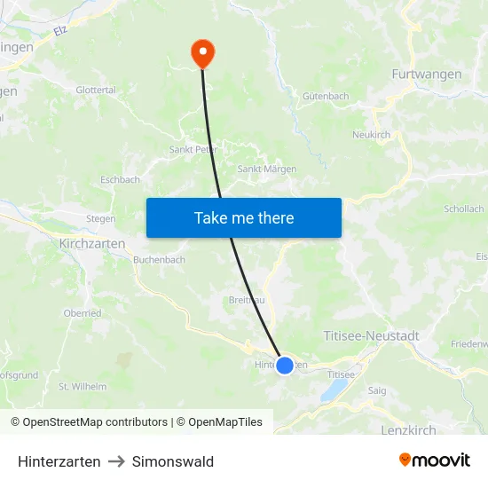 Hinterzarten to Simonswald map
