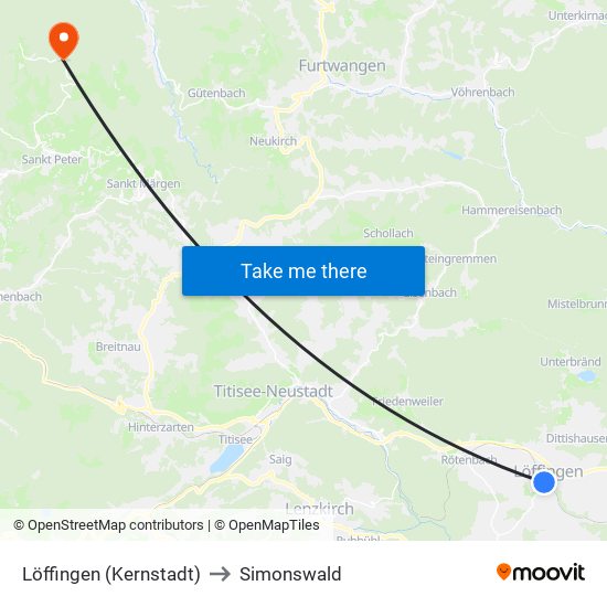 Löffingen (Kernstadt) to Simonswald map