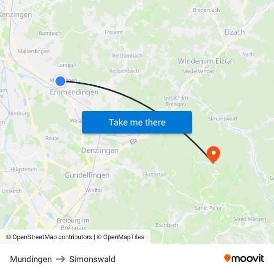 Mundingen to Simonswald map