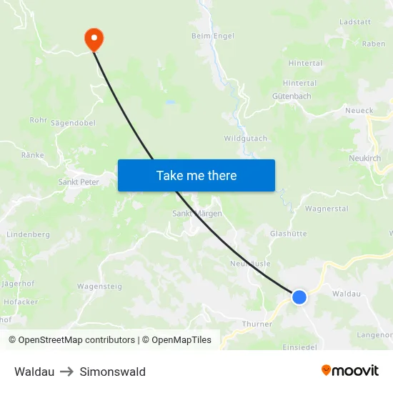 Waldau to Simonswald map