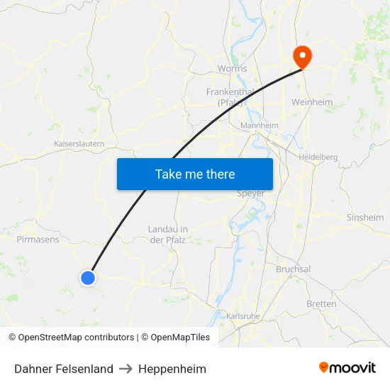 Dahner Felsenland to Heppenheim map
