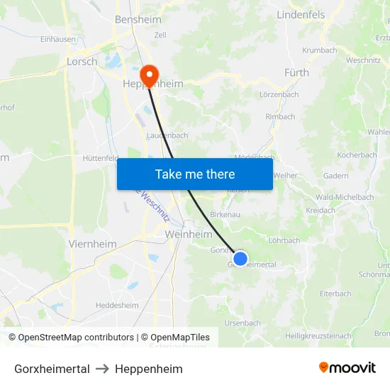 Gorxheimertal to Heppenheim map