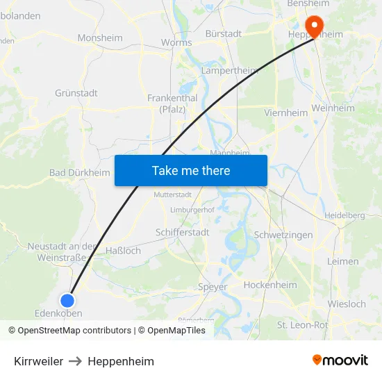 Kirrweiler to Heppenheim map