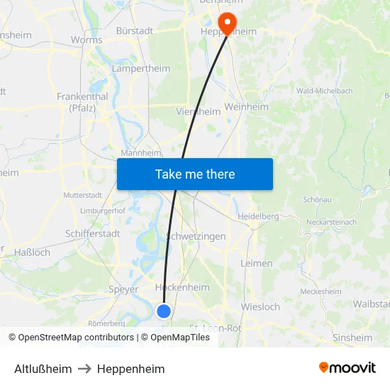 Altlußheim to Heppenheim map