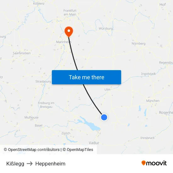 Kißlegg to Heppenheim map