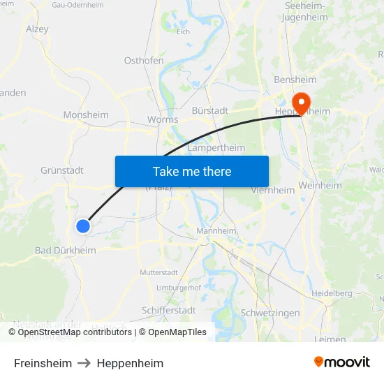 Freinsheim to Heppenheim map