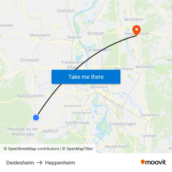 Deidesheim to Heppenheim map