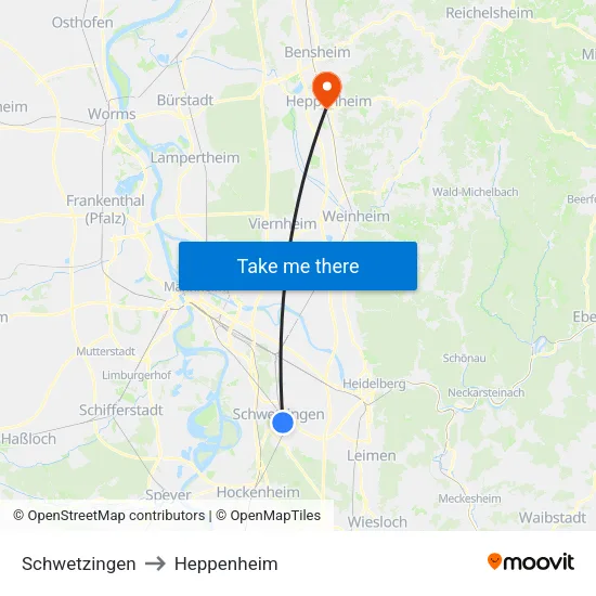 Schwetzingen to Heppenheim map