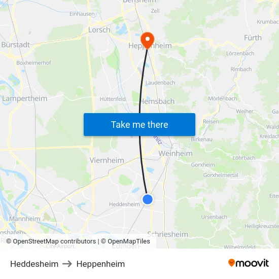Heddesheim to Heppenheim map
