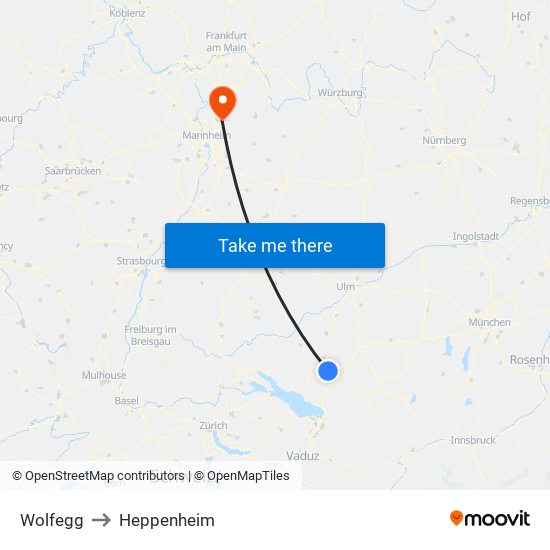 Wolfegg to Heppenheim map