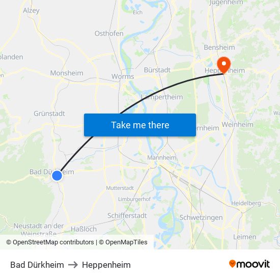 Bad Dürkheim to Heppenheim map