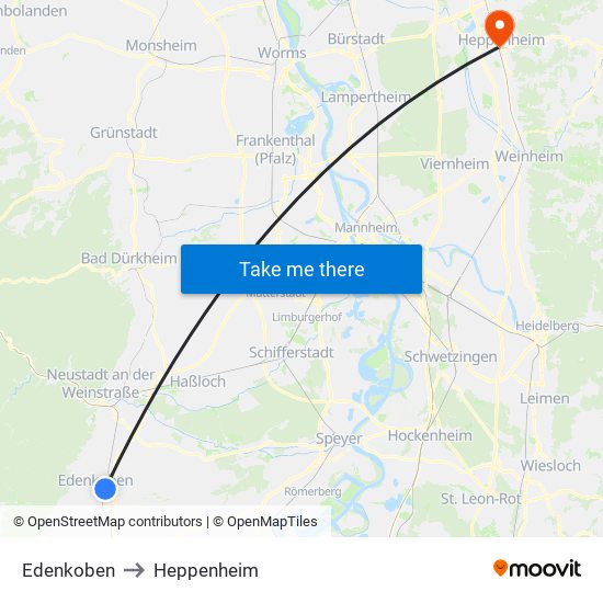 Edenkoben to Heppenheim map