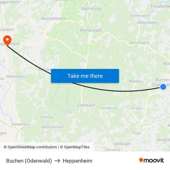 Buchen (Odenwald) to Heppenheim map