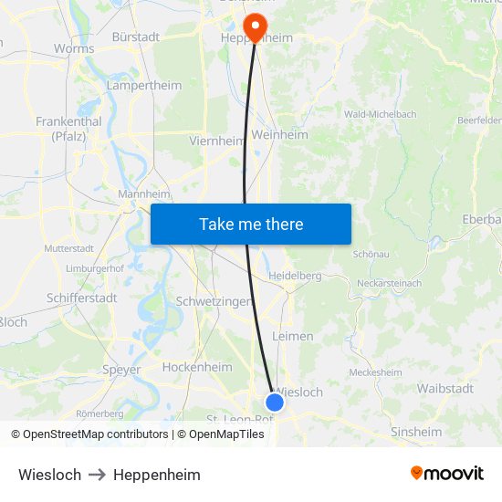 Wiesloch to Heppenheim map