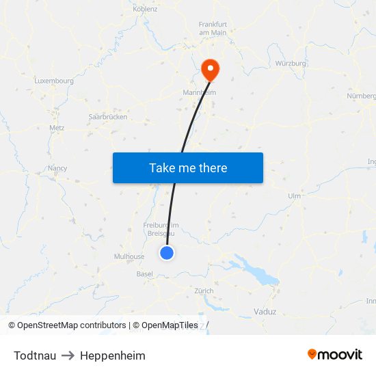 Todtnau to Heppenheim map