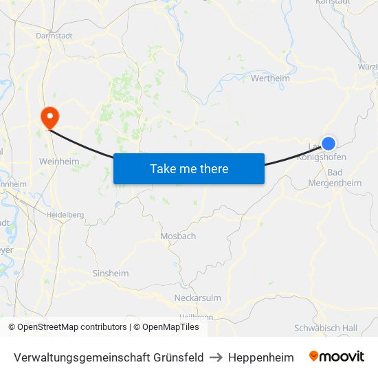 Verwaltungsgemeinschaft Grünsfeld to Heppenheim map