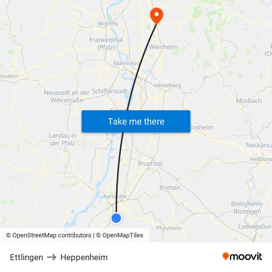 Ettlingen to Heppenheim map