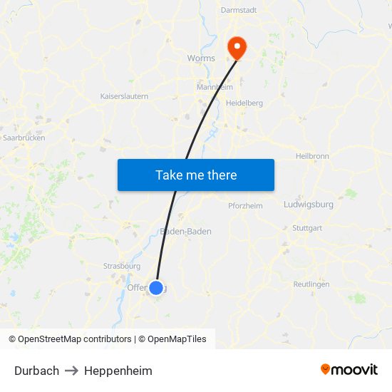 Durbach to Heppenheim map