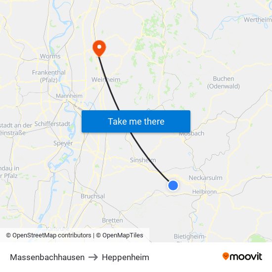 Massenbachhausen to Heppenheim map