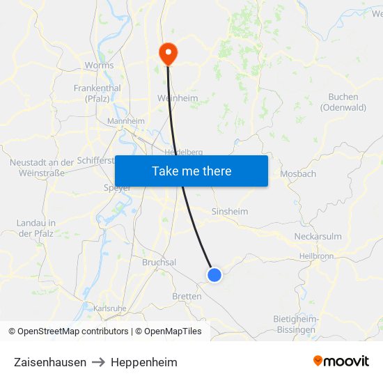 Zaisenhausen to Heppenheim map