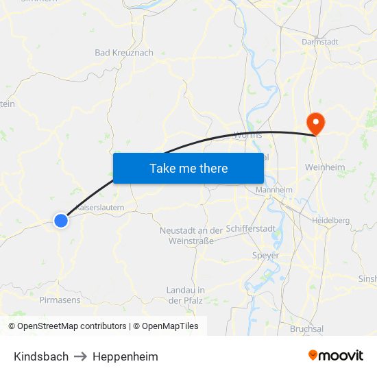 Kindsbach to Heppenheim map