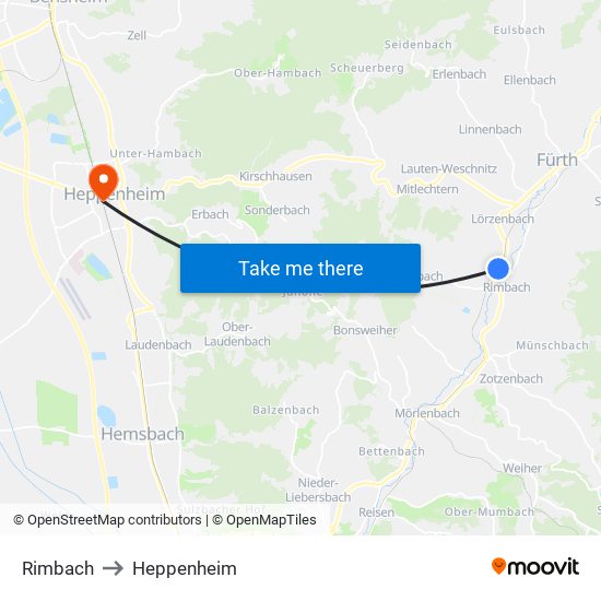 Rimbach to Heppenheim map