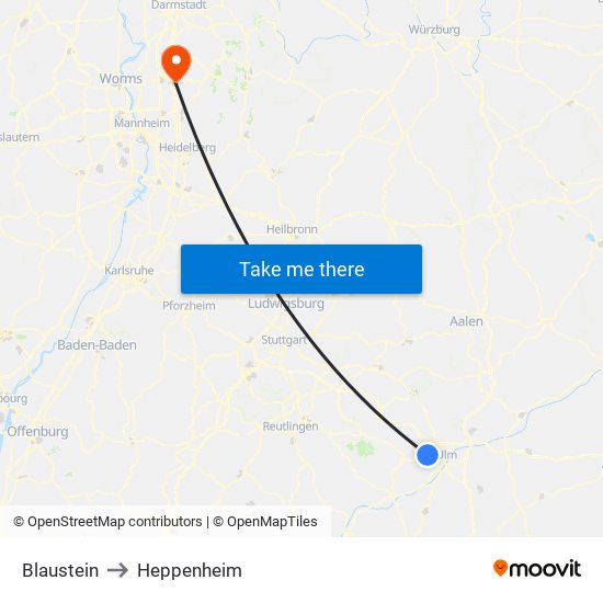 Blaustein to Heppenheim map