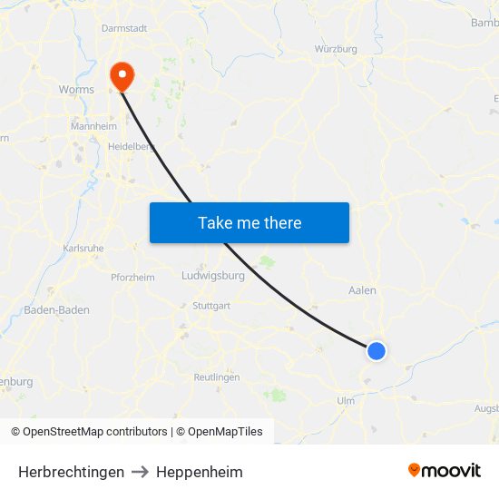 Herbrechtingen to Heppenheim map