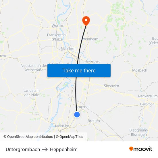 Untergrombach to Heppenheim map