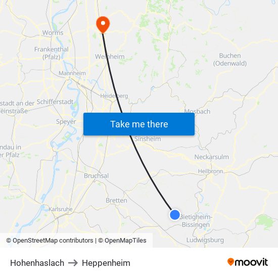 Hohenhaslach to Heppenheim map