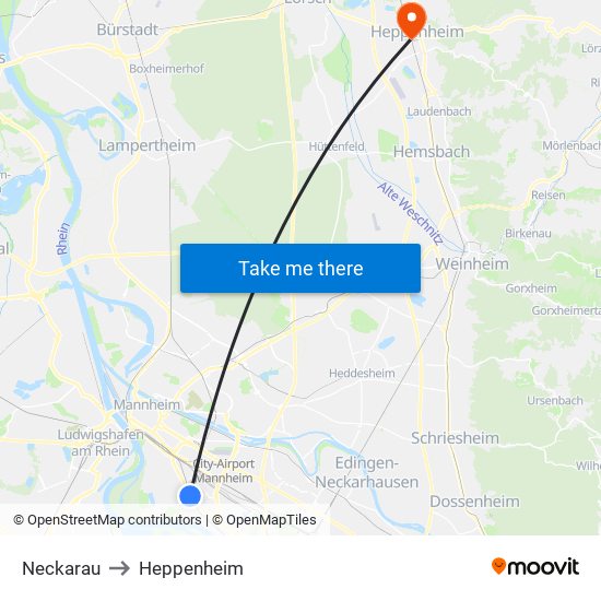 Neckarau to Heppenheim map