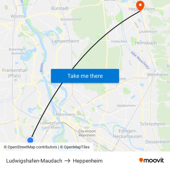 Ludwigshafen-Maudach to Heppenheim map