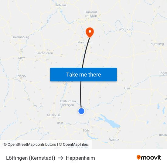 Löffingen (Kernstadt) to Heppenheim map