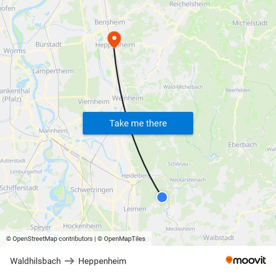 Waldhilsbach to Heppenheim map