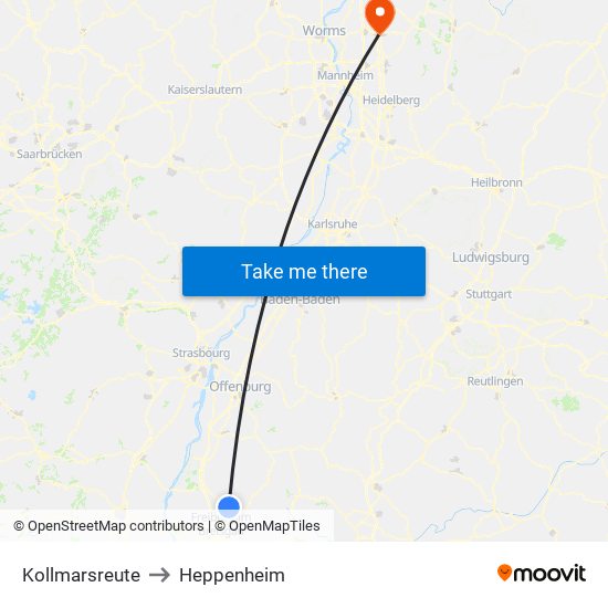 Kollmarsreute to Heppenheim map