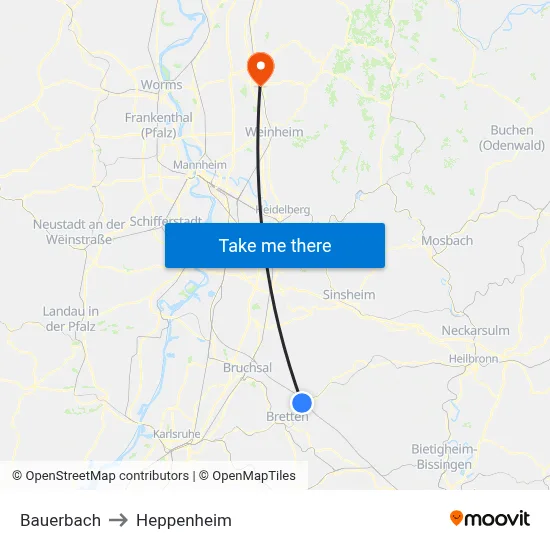 Bauerbach to Heppenheim map