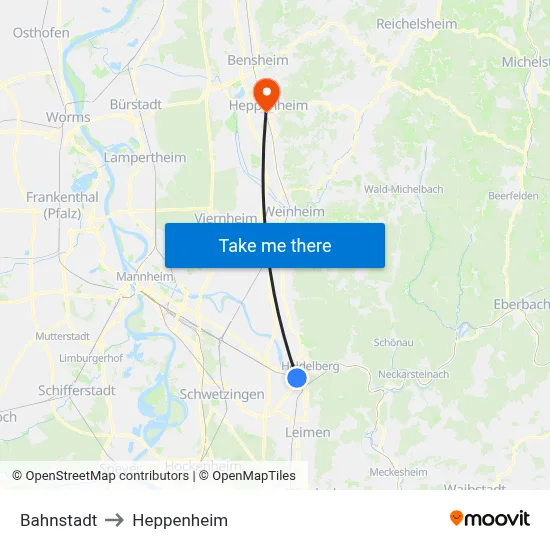 Bahnstadt to Heppenheim map
