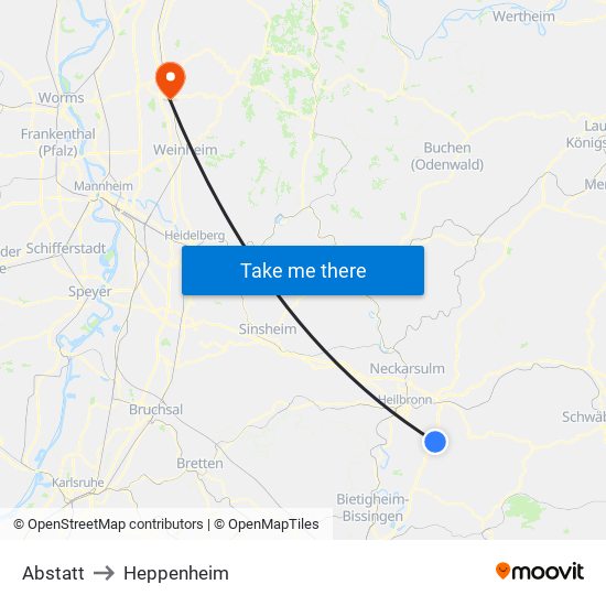 Abstatt to Heppenheim map