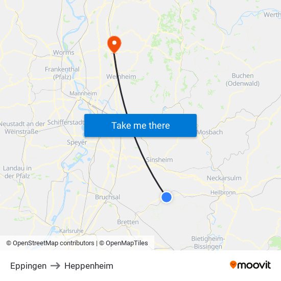 Eppingen to Heppenheim map